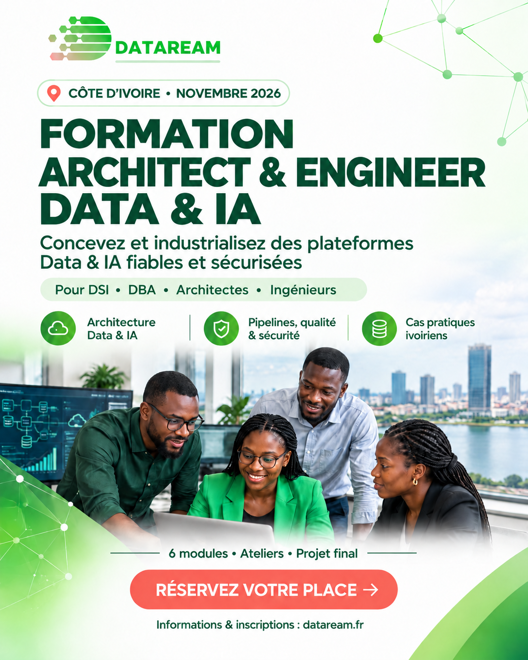 Affiche de la formation Architect & Engineer en Data & IA en Côte d'Ivoire, novembre 2026 : 6 modules, ateliers et projet final